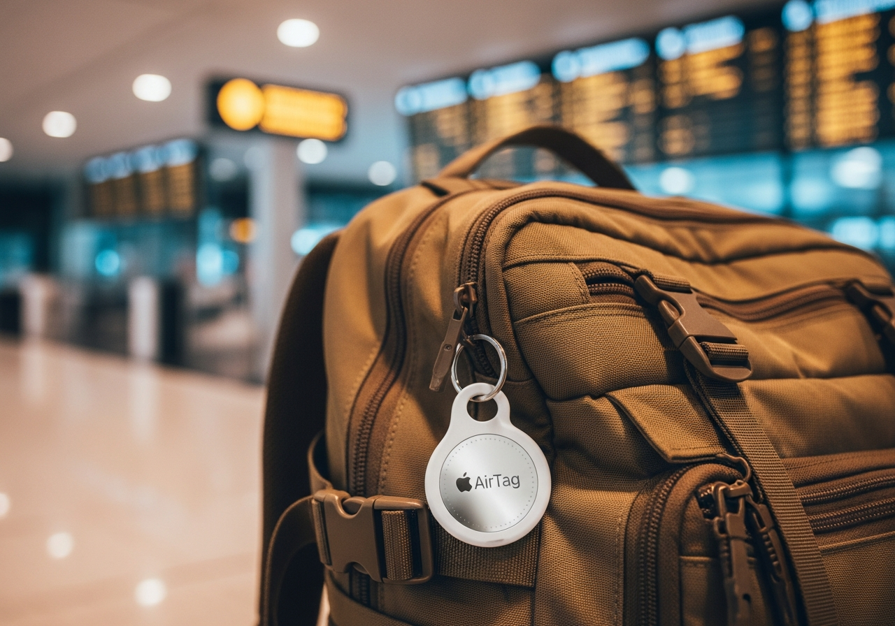 Apple AirTag attached to a travel backpack keyring at an airport terminal