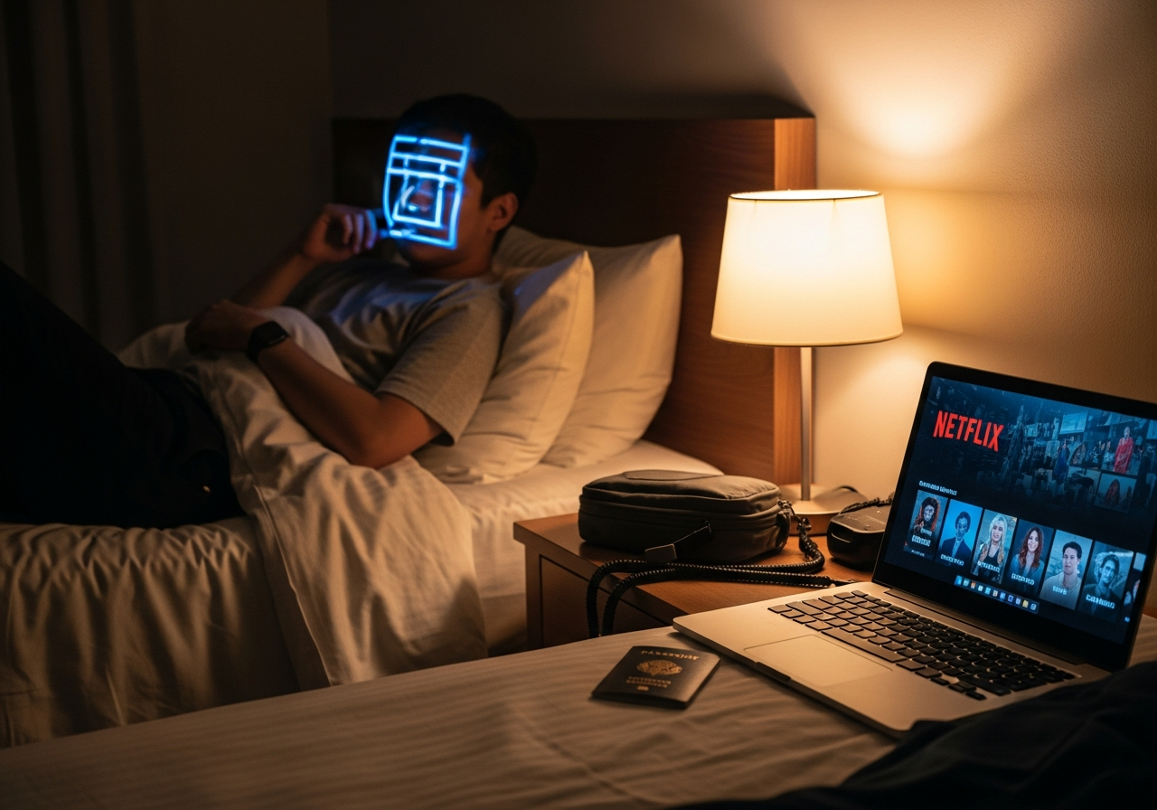 Traveller watching Netflix on a laptop in a hotel room at night