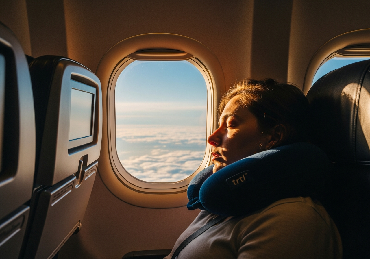 Trtl Pillow Plus being used on a long-haul flight — neck support travel pillow
