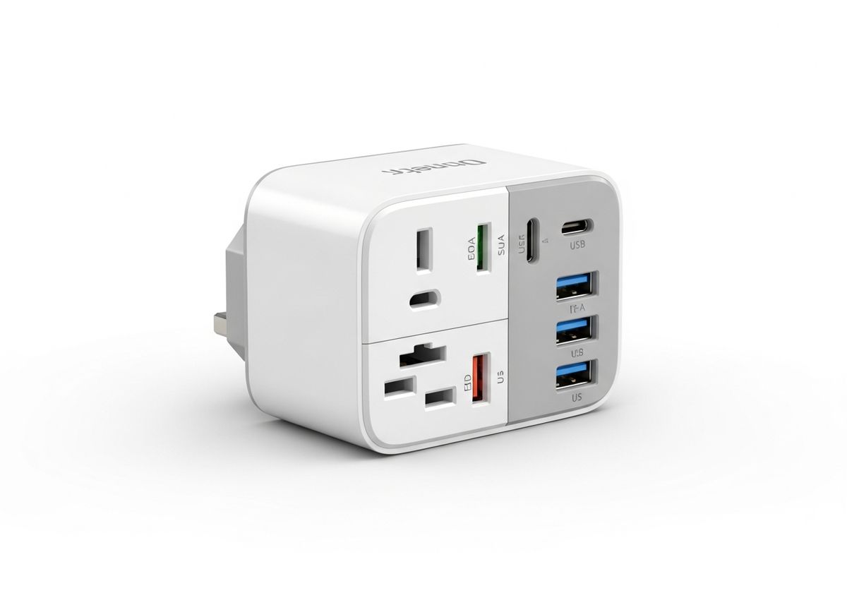 Universal world travel adapter with UK, EU, US, and Australian plug types plus USB ports