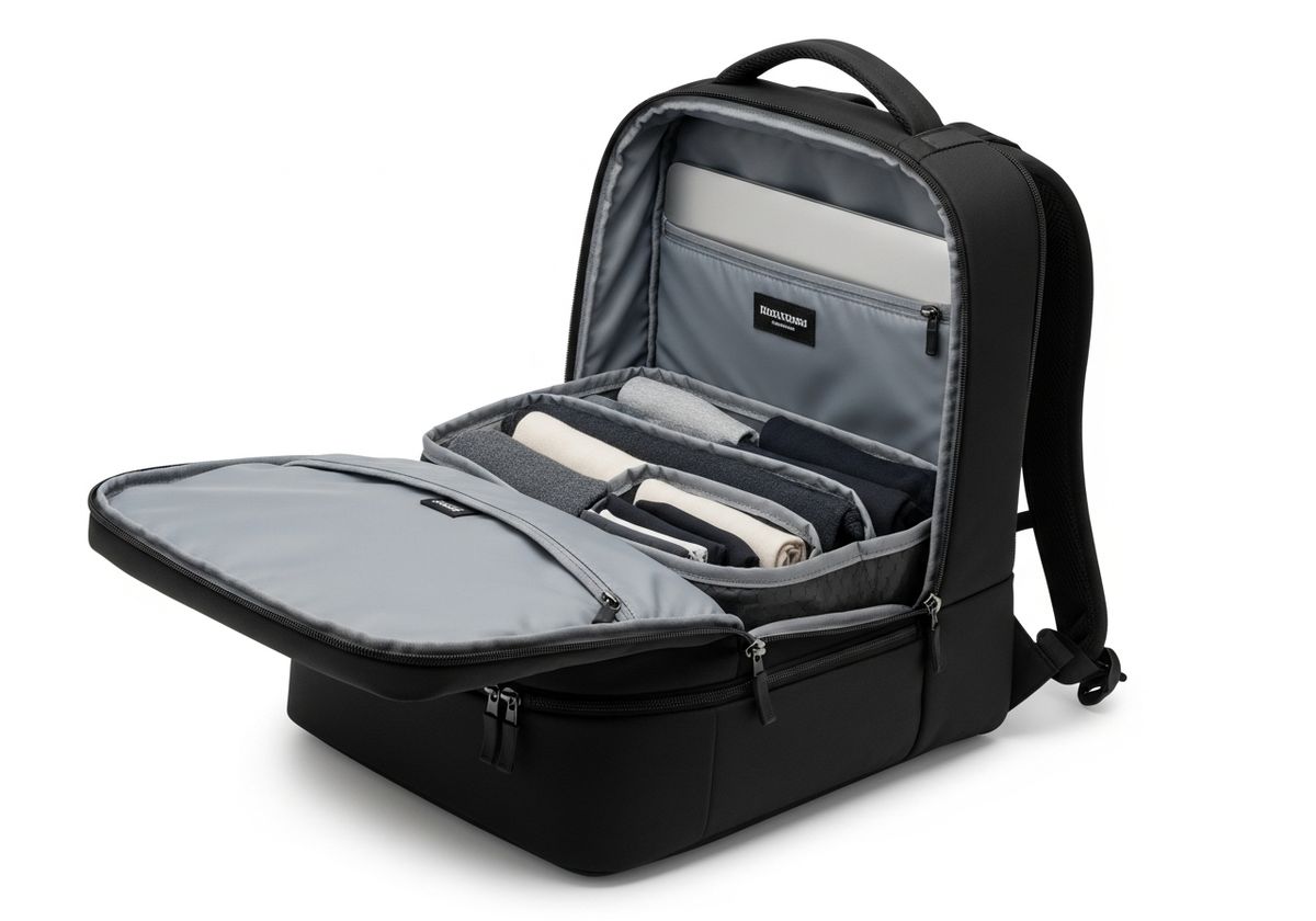 40L travel backpack open in clamshell layout showing laptop sleeve and packing cubes inside