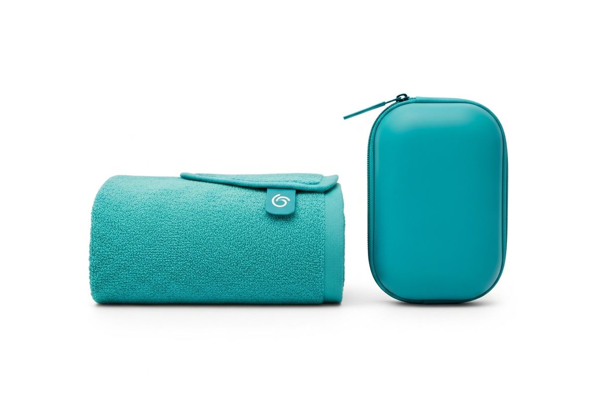 Compact microfibre travel towel rolled in its pouch