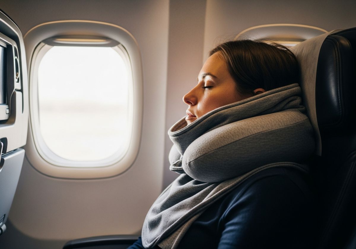 Person sleeping on a long-haul flight wearing the Trtl Pillow Plus
