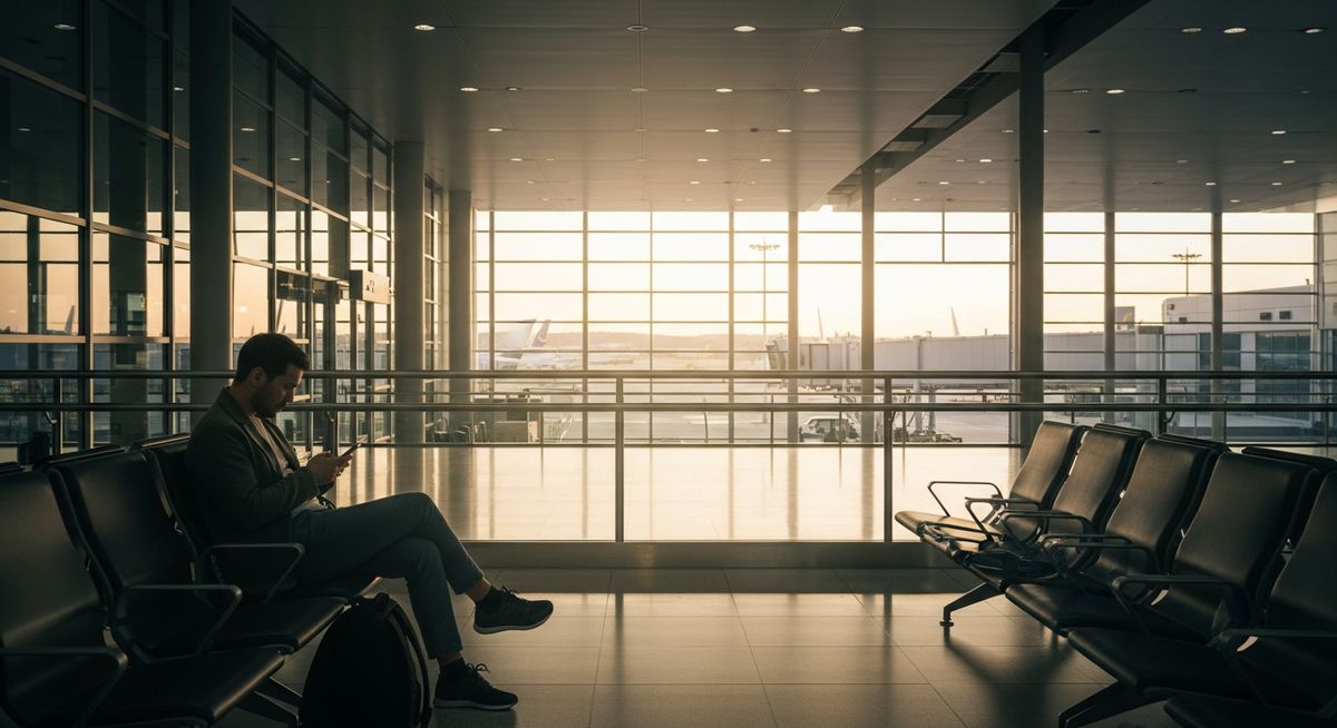 Traveller using smartphone at airport departure gate