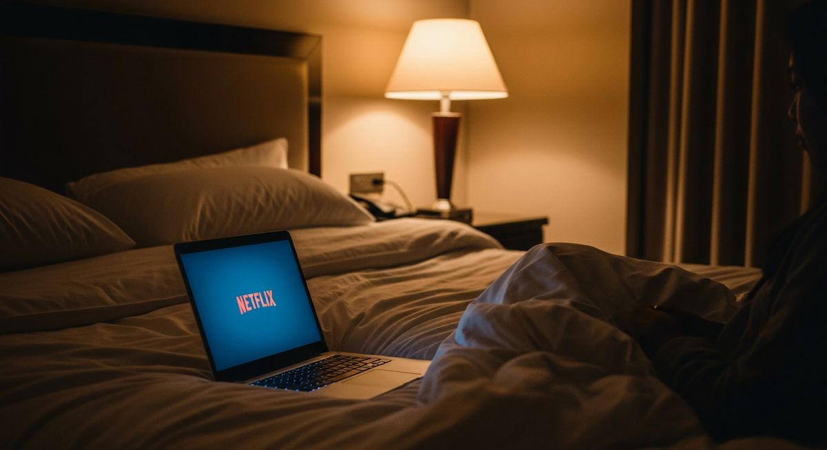 Person watching Netflix on a laptop in a hotel room at night