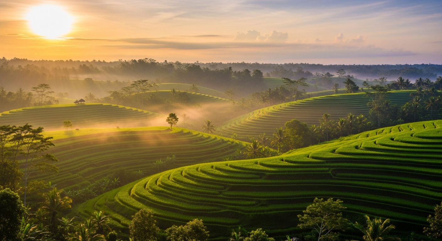 Lush Bali rice terraces at dawn
