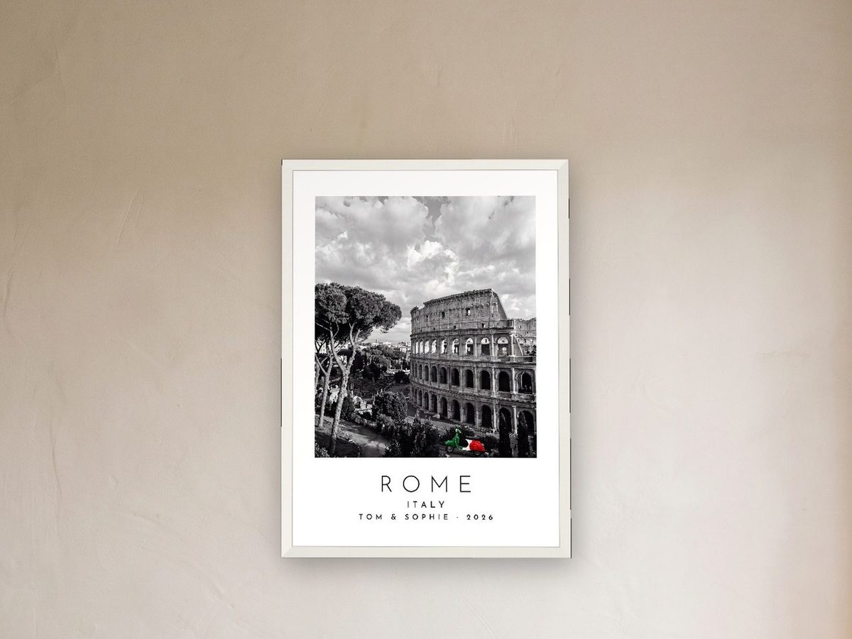 Our Trip personalised Rome print in a white frame above a sofa, reading ROME, ITALY and TOM & SOPHIE · 2026
