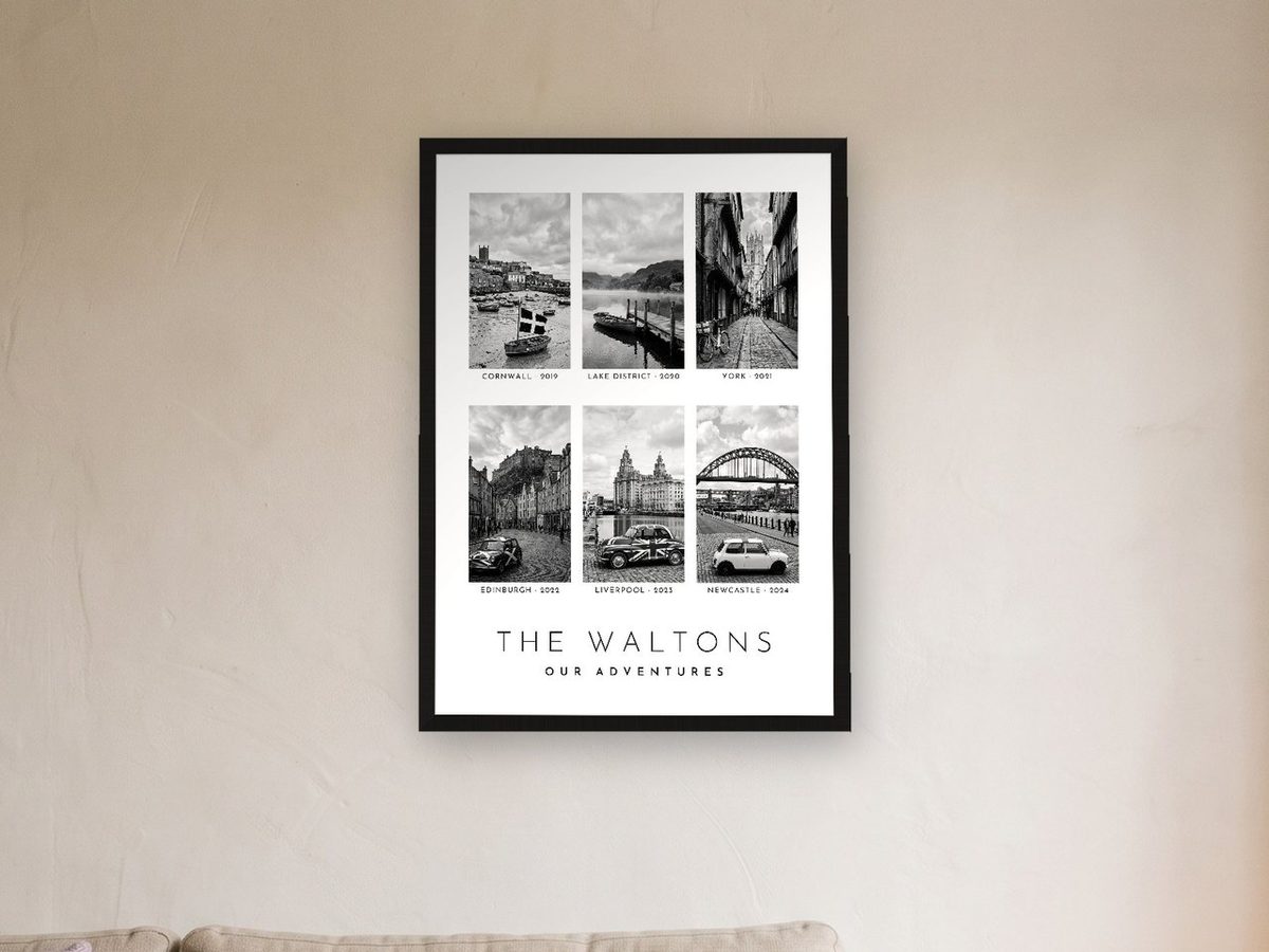Our Family Adventures print in a black frame showing six black and white places with years and the name THE WALTONS