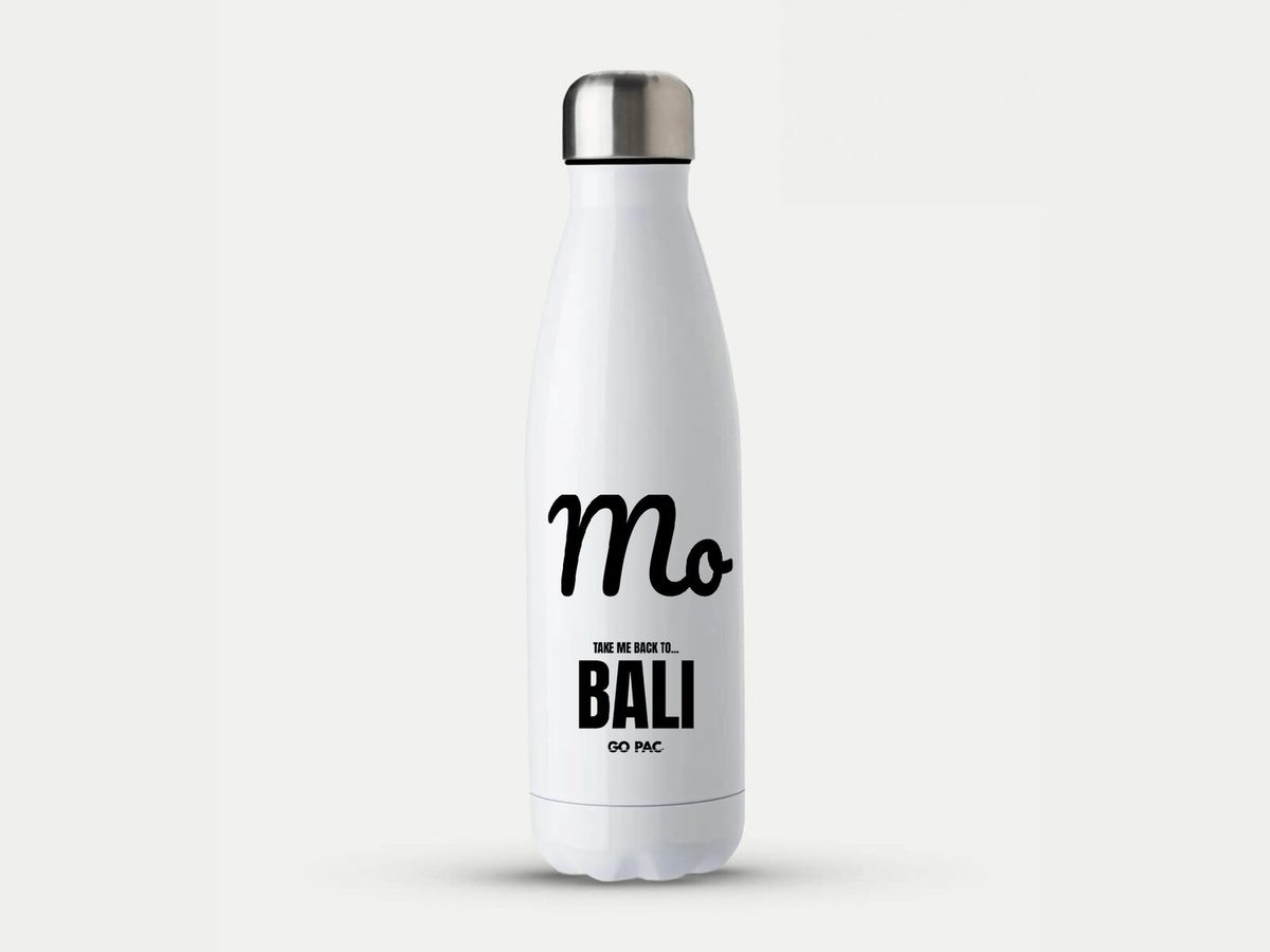 White steel water bottle printed with the name Mo in script and TAKE ME BACK TO... BALI underneath