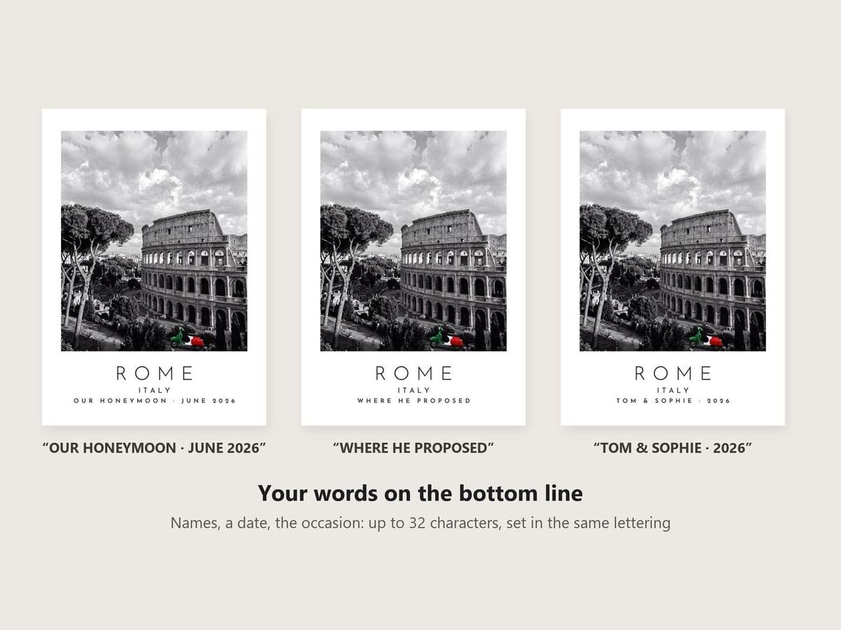 Three Our Trip Rome prints with different bottom lines: Our Honeymoon June 2026, Where He Proposed, Tom & Sophie 2026