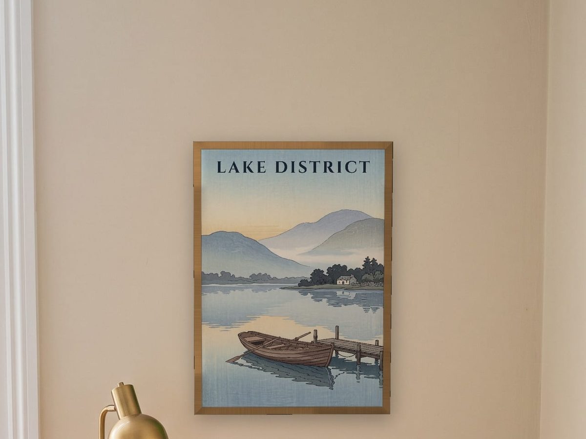 Lake District Rowing Boat print in an oak frame above a wooden desk with a brass lamp, laptop and film camera