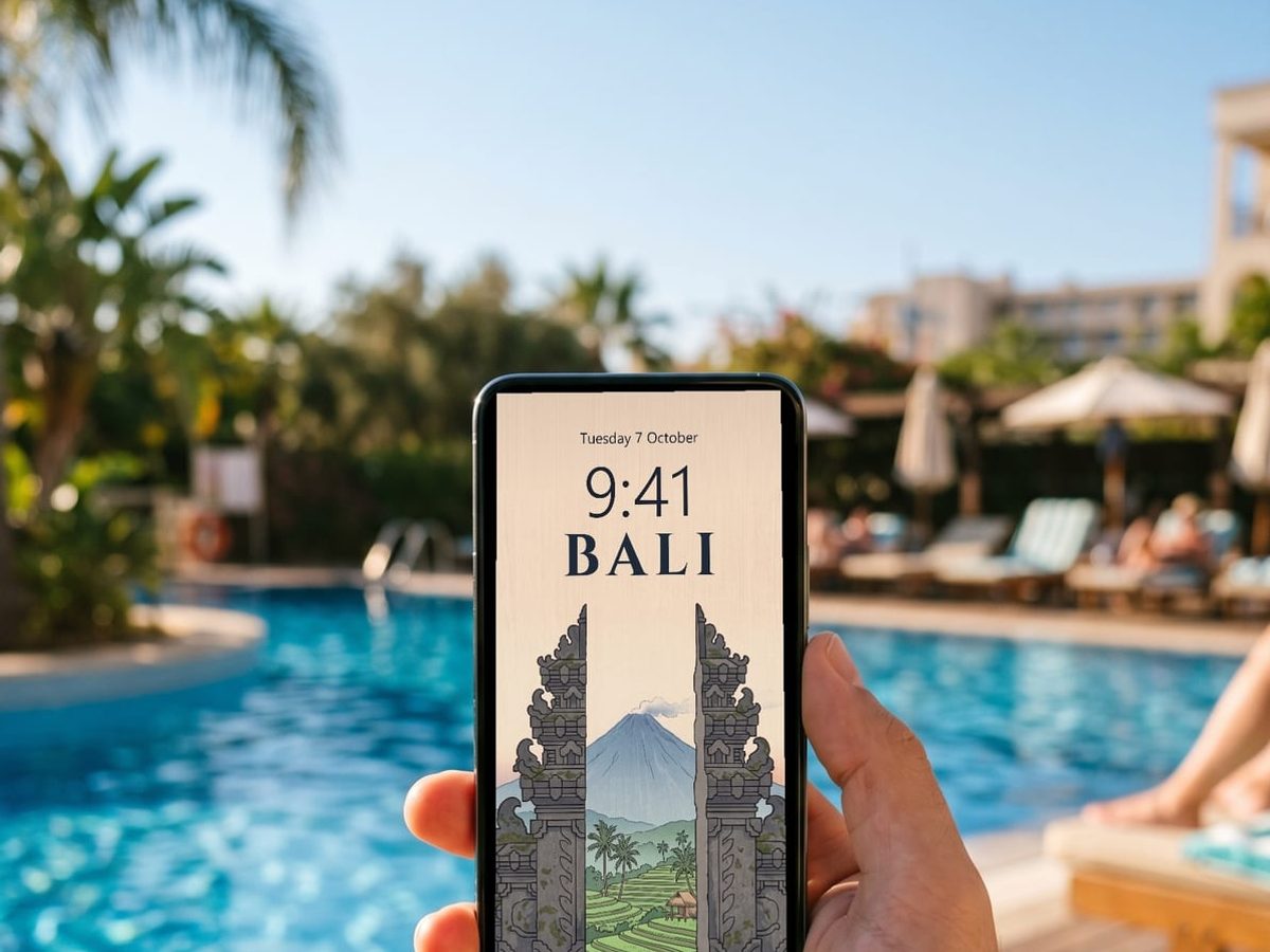 Hand holding a phone by a pool with the Bali Temple Gate design set as the lock screen wallpaper