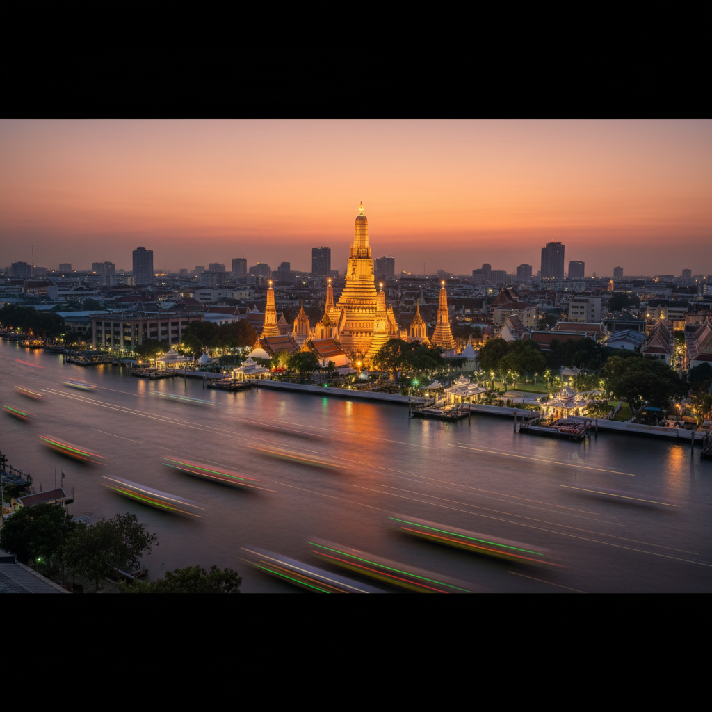 Golden temples at dusk in Bangkok, Thailand