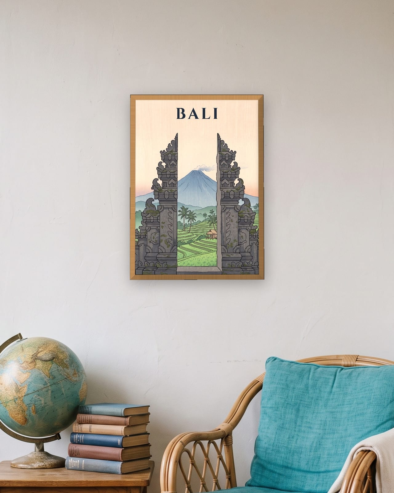 Bali Temple Gate print, natural oak frame A3 in a travel lover's flat