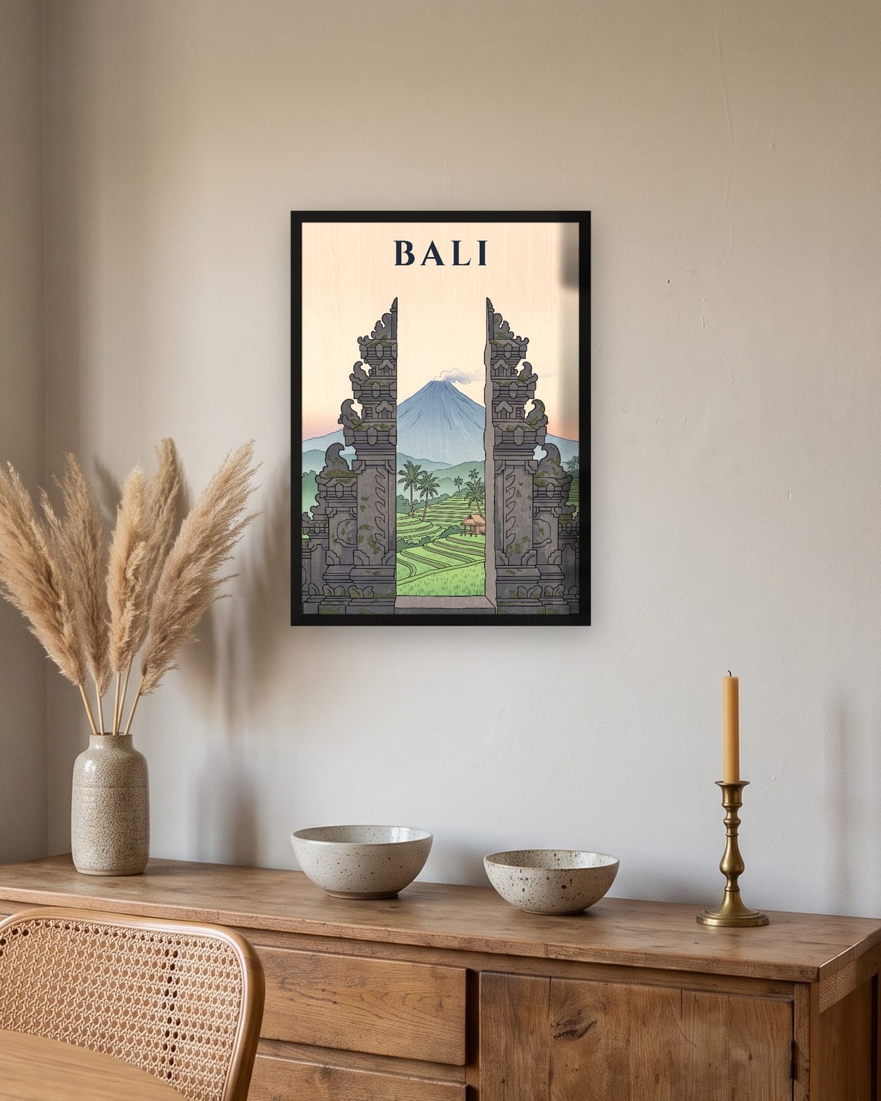 Bali Temple Gate print, black frame A3 above an oak sideboard
