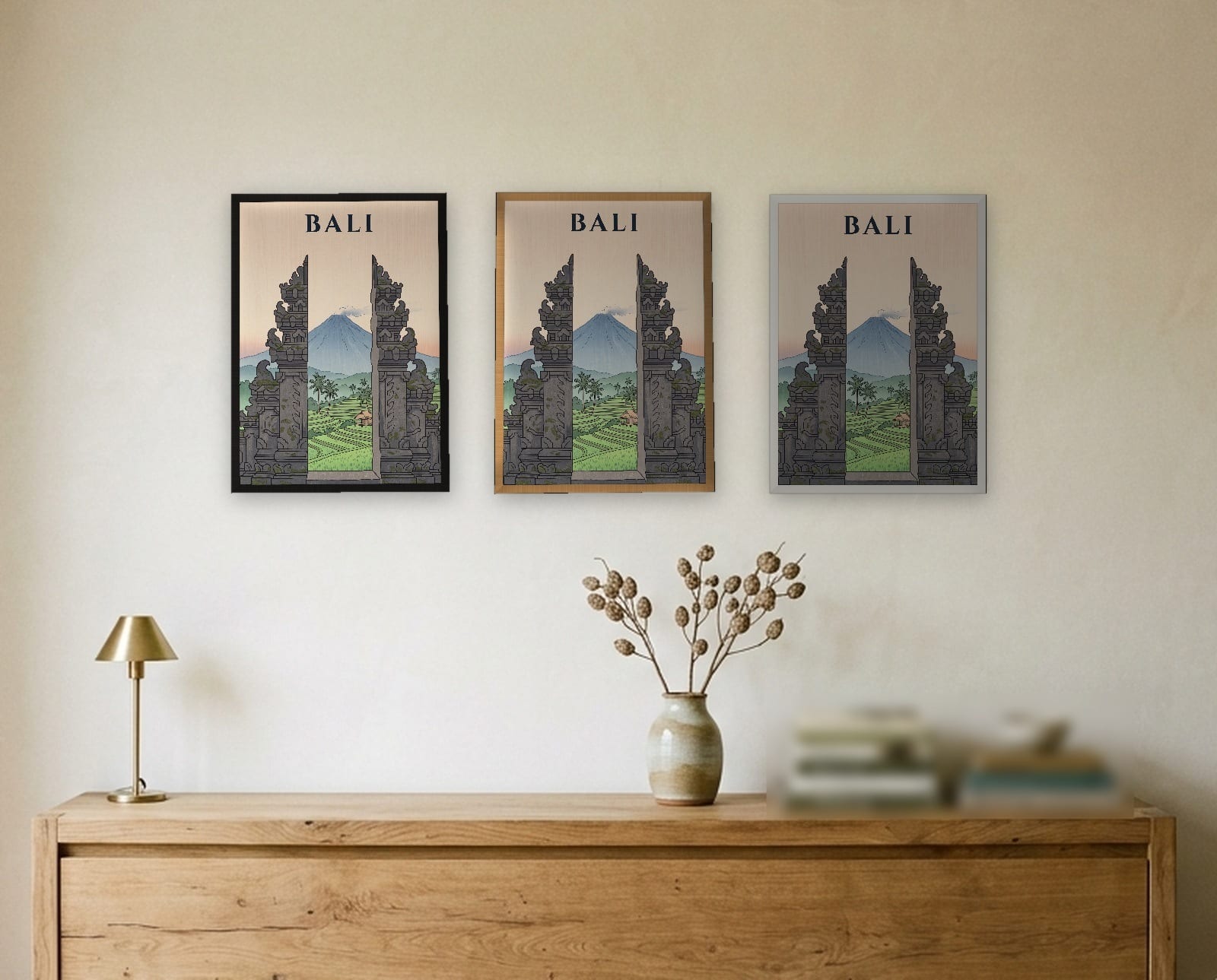 Bali Temple Gate print: the three frame finishes side by side in black, natural oak and white