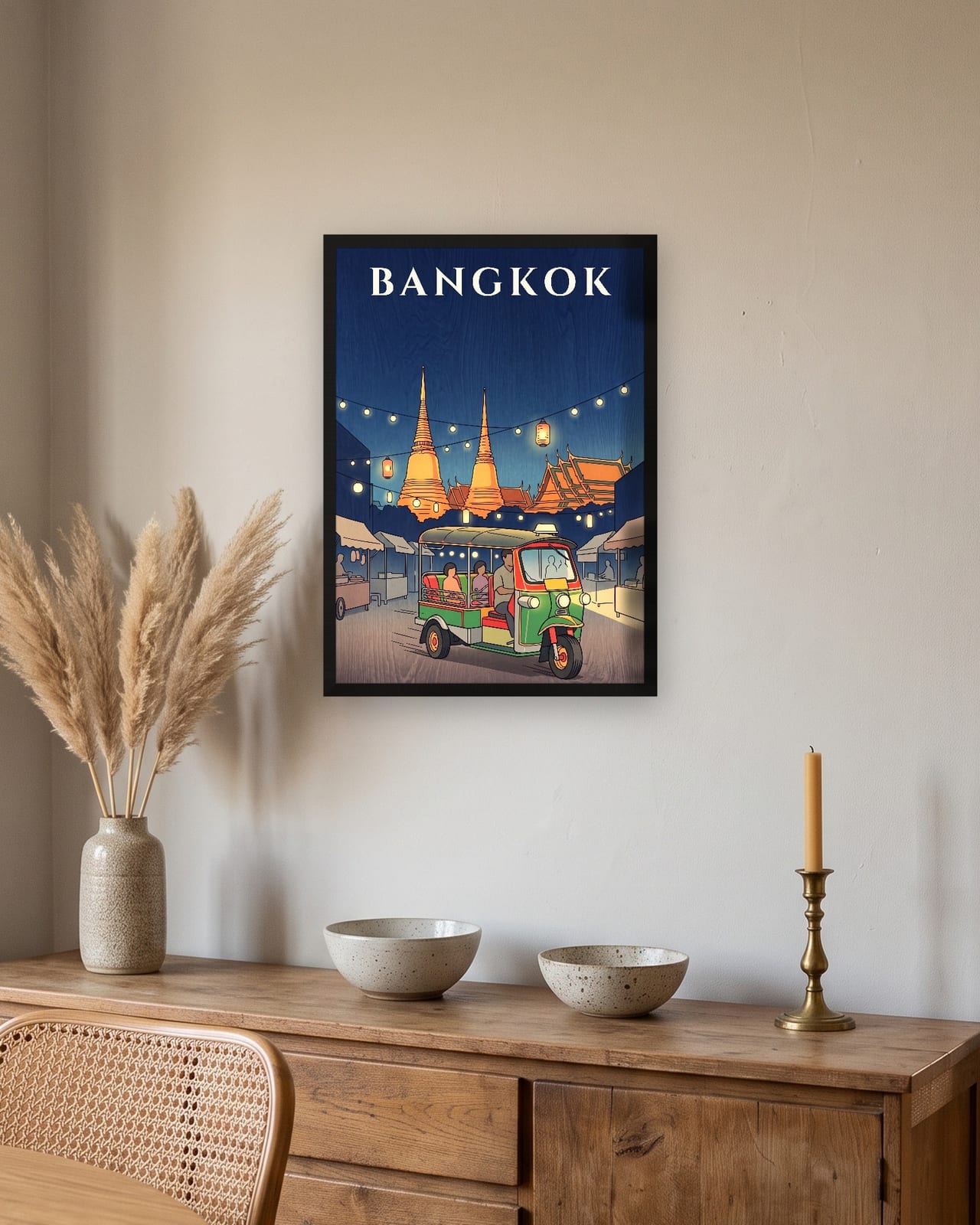 Bangkok Tuk Tuk at Night print, black frame A3 above an oak sideboard