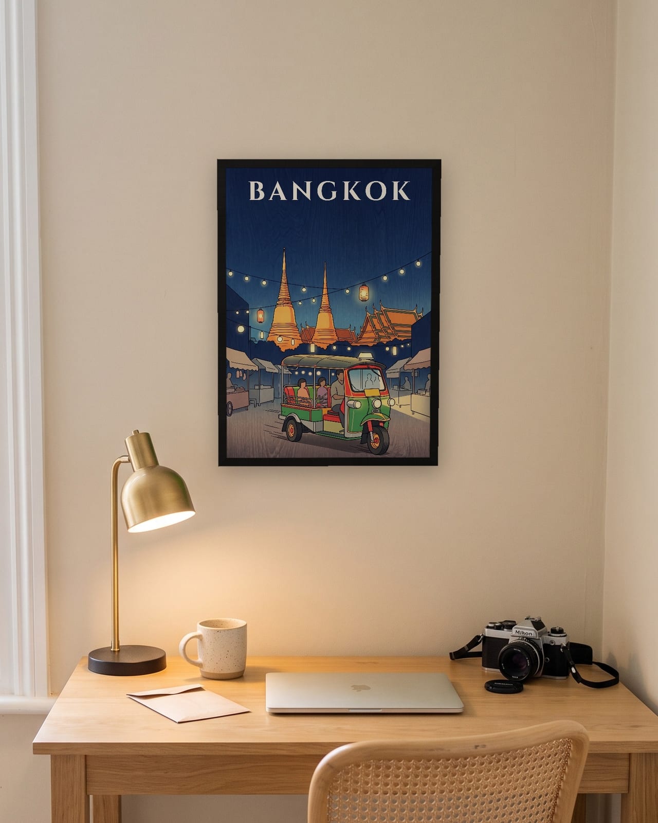 Bangkok Tuk Tuk at Night print, black frame A3 above a home office desk