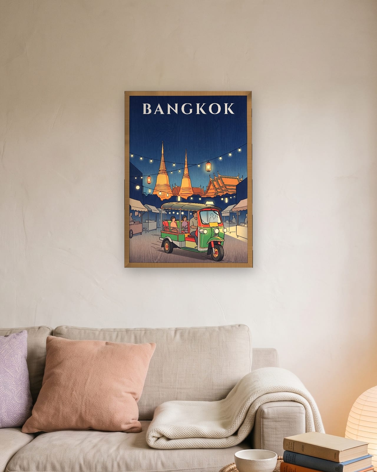 Bangkok Tuk Tuk at Night print, natural oak frame A3 above a linen sofa
