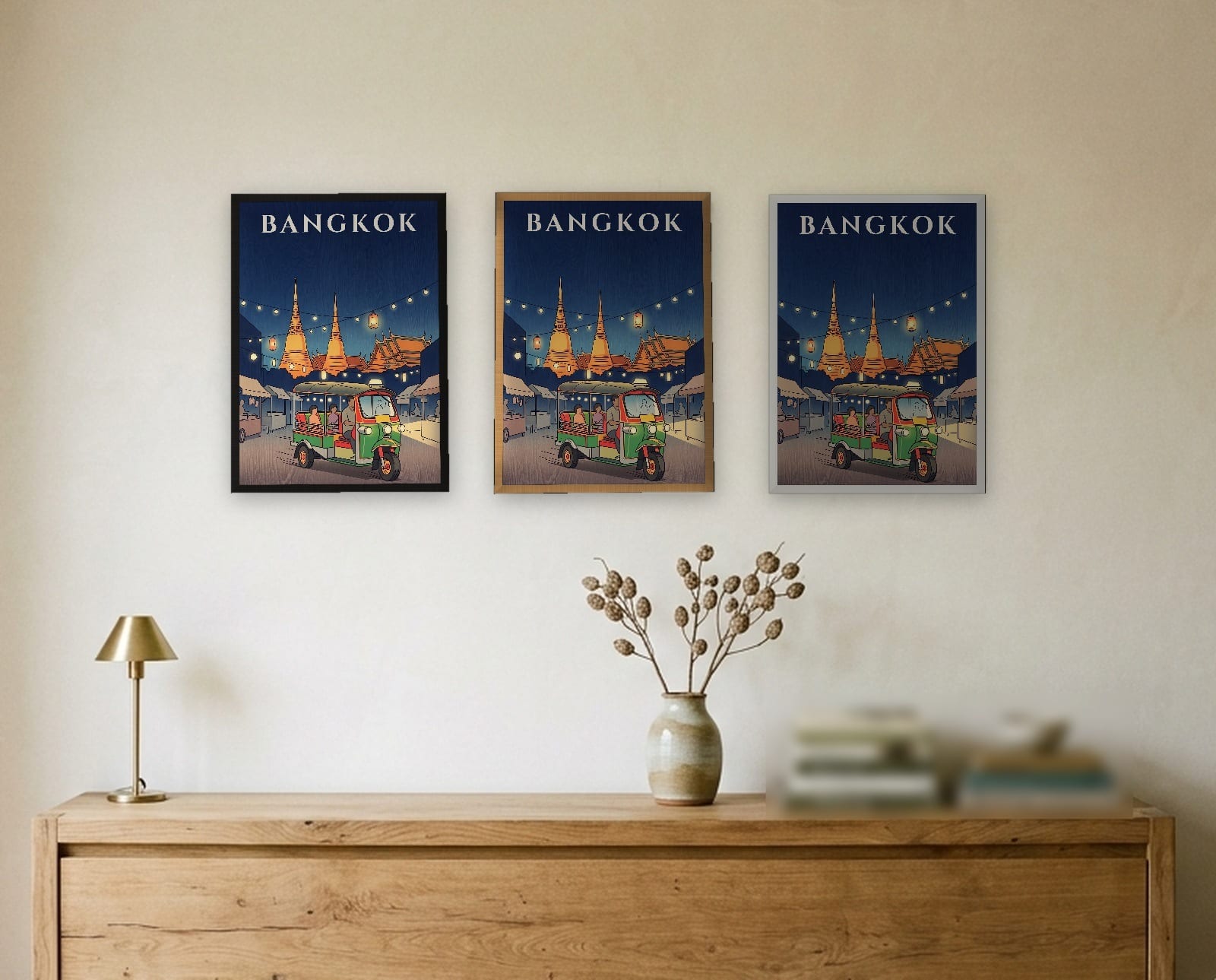 Bangkok Tuk Tuk at Night print: the three frame finishes side by side in black, natural oak and white