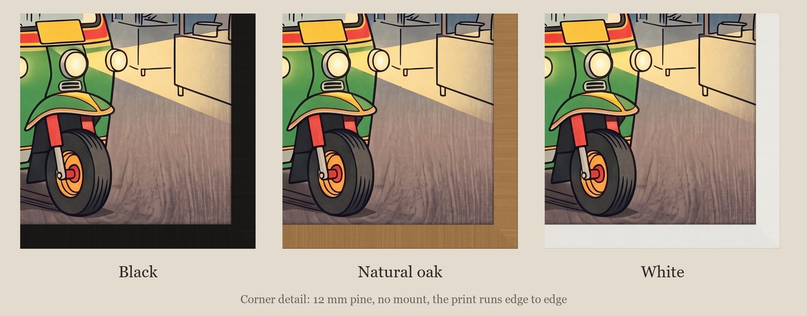 Bangkok Tuk Tuk at Night print: corner detail of each finish