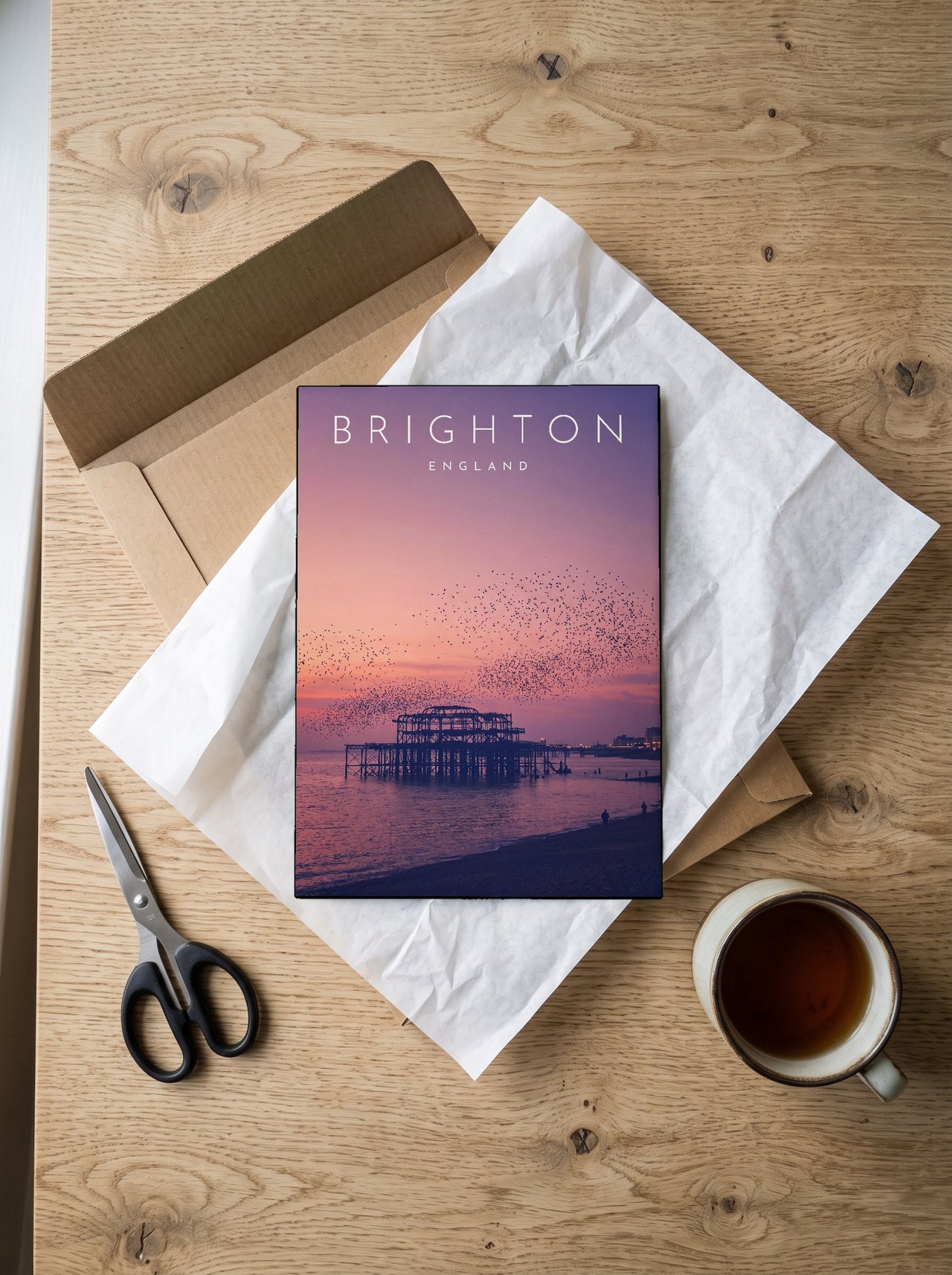 Brighton West Pier at Sunset print: unboxing the unframed A4 print in its mailer