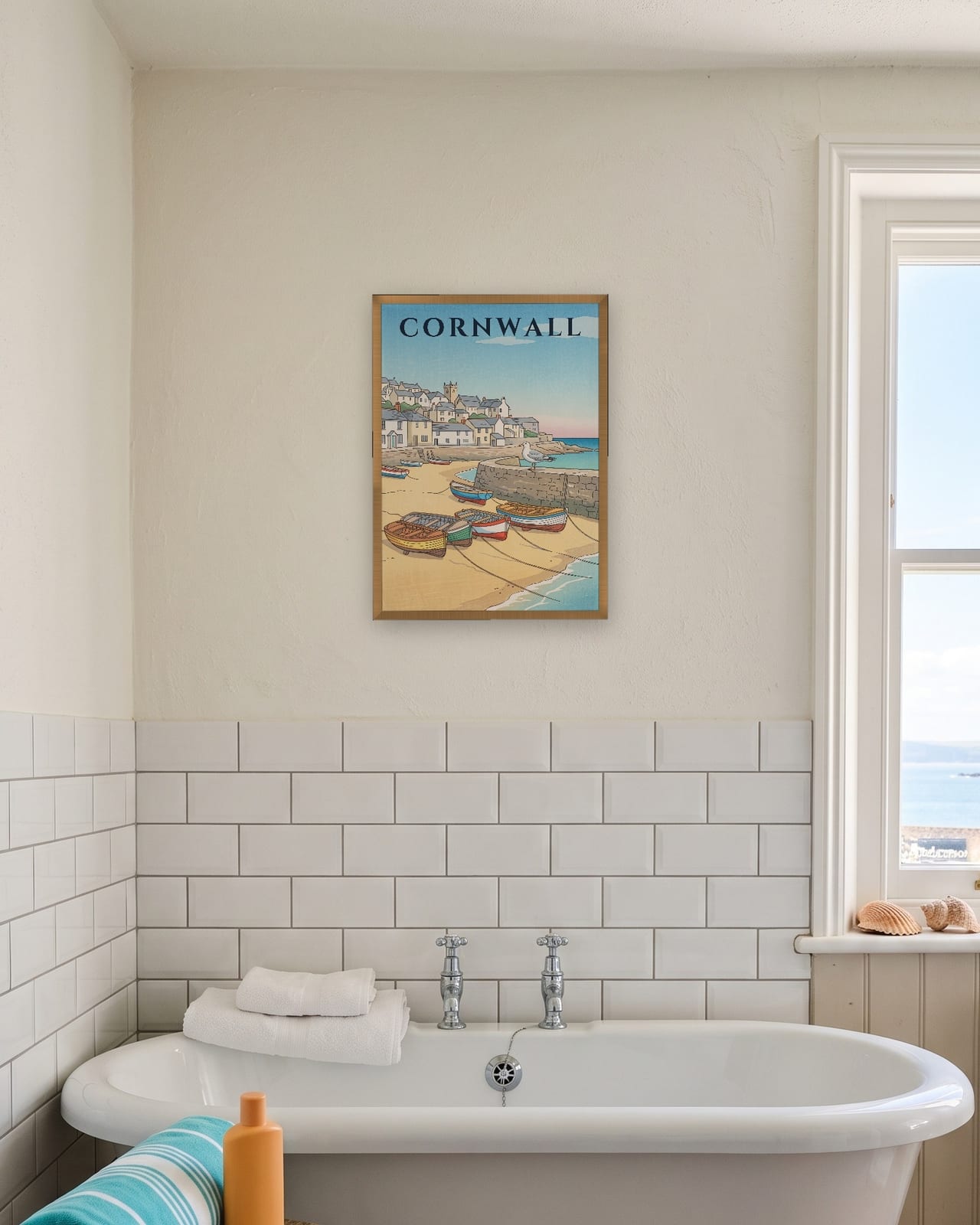 Cornwall St Ives Harbour print, natural oak frame A3 in a seaside bathroom
