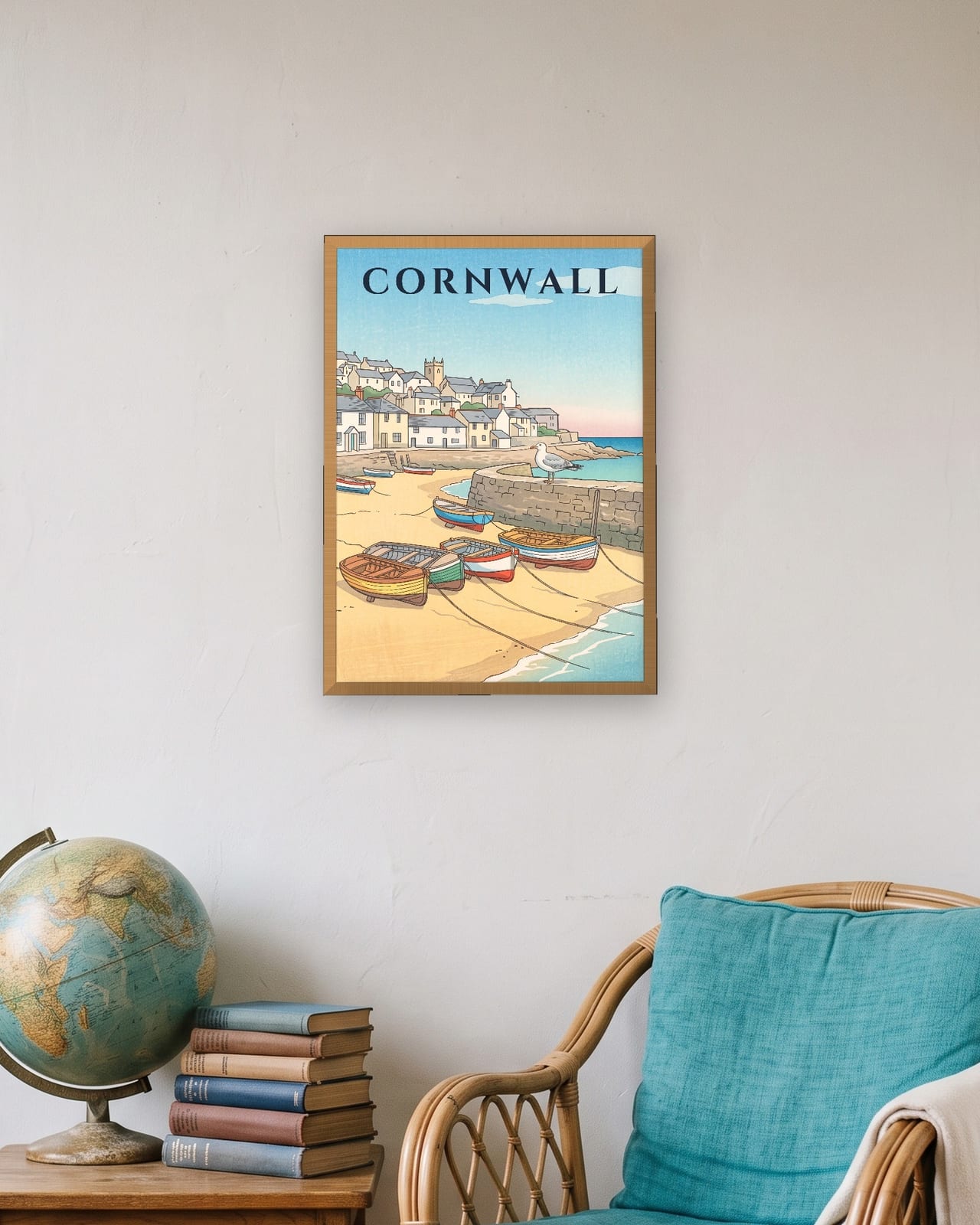 Cornwall St Ives Harbour print, natural oak frame A3 in a travel lover's flat