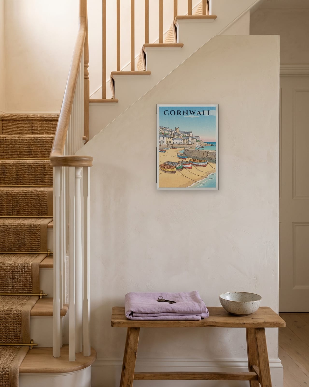 Cornwall St Ives Harbour print, white frame A3 on a staircase wall