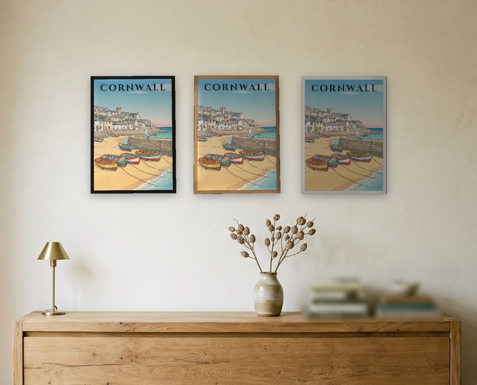 Cornwall St Ives Harbour print: the three frame finishes side by side in black, natural oak and white