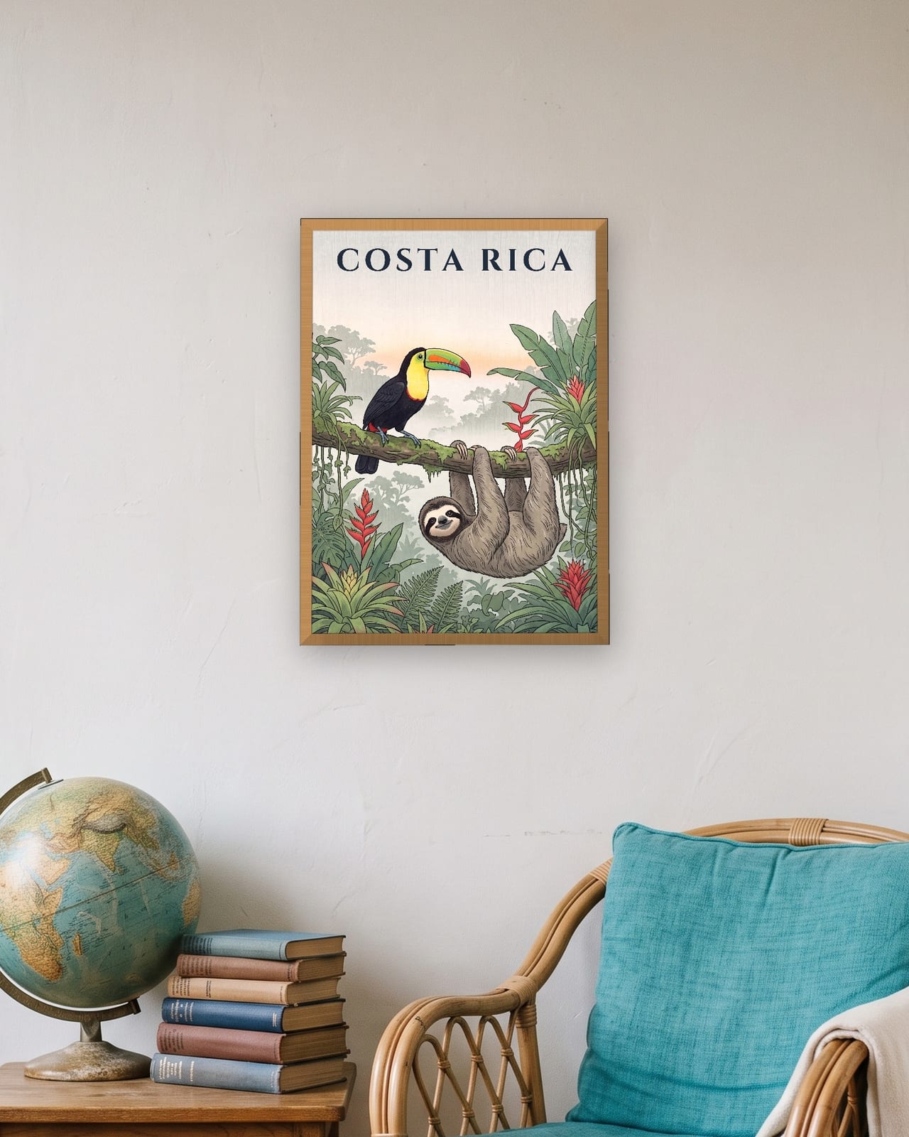 Costa Rica Toucan and Sloth print, natural oak frame A3 in a travel lover's flat