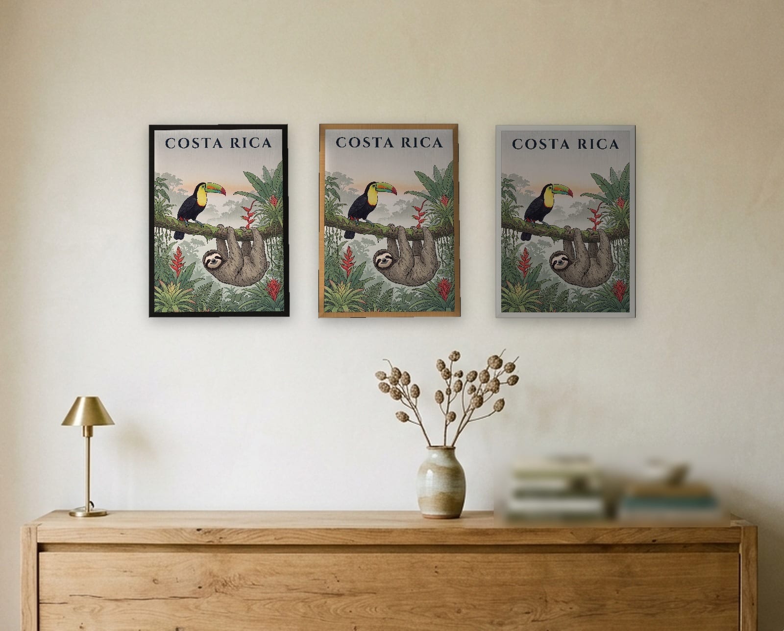Costa Rica Toucan and Sloth print: the three frame finishes side by side in black, natural oak and white