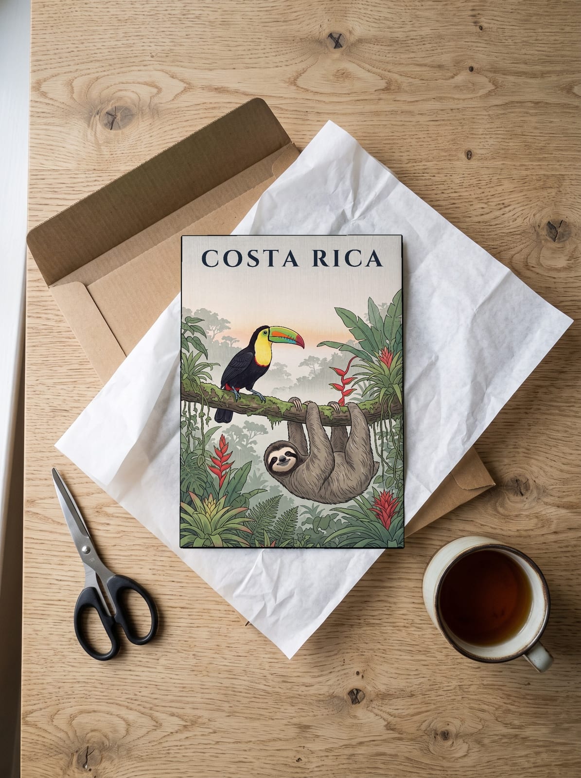 Costa Rica Toucan and Sloth print: unboxing the unframed A4 print in its mailer