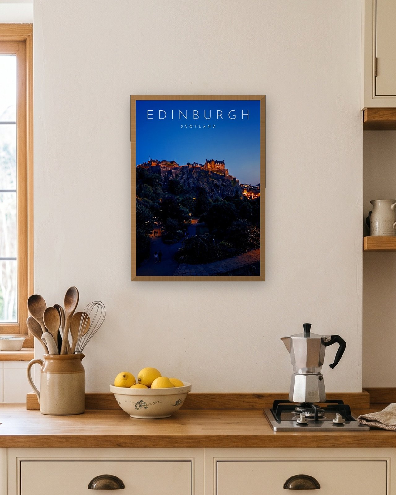 Edinburgh Castle at Blue Hour print, natural oak frame A3 in a bright kitchen