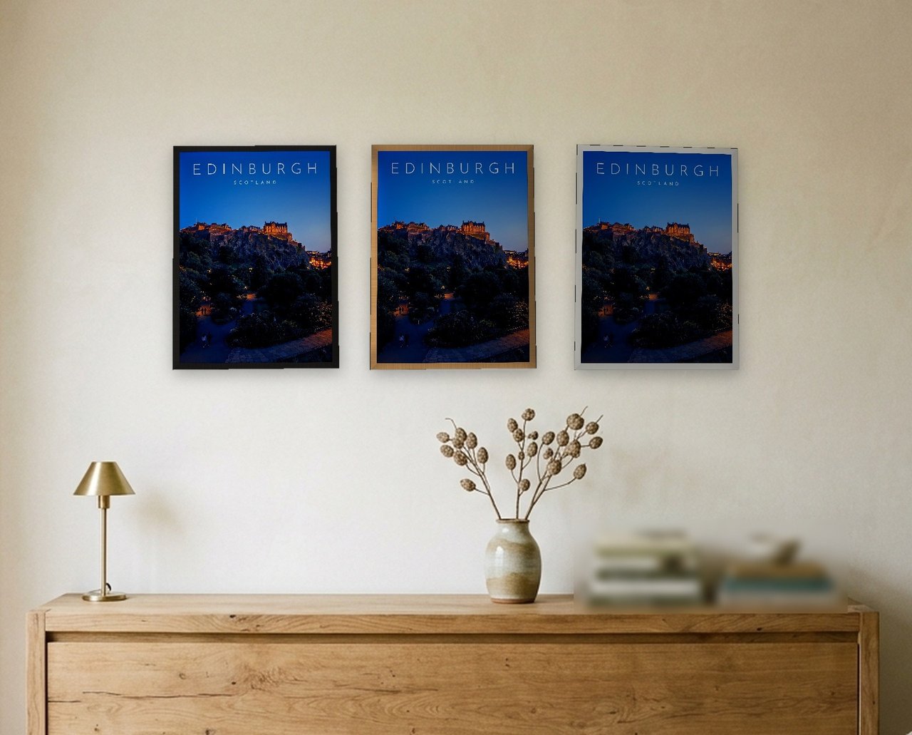 Edinburgh Castle at Blue Hour print: the three frame finishes side by side black, natural oak and white