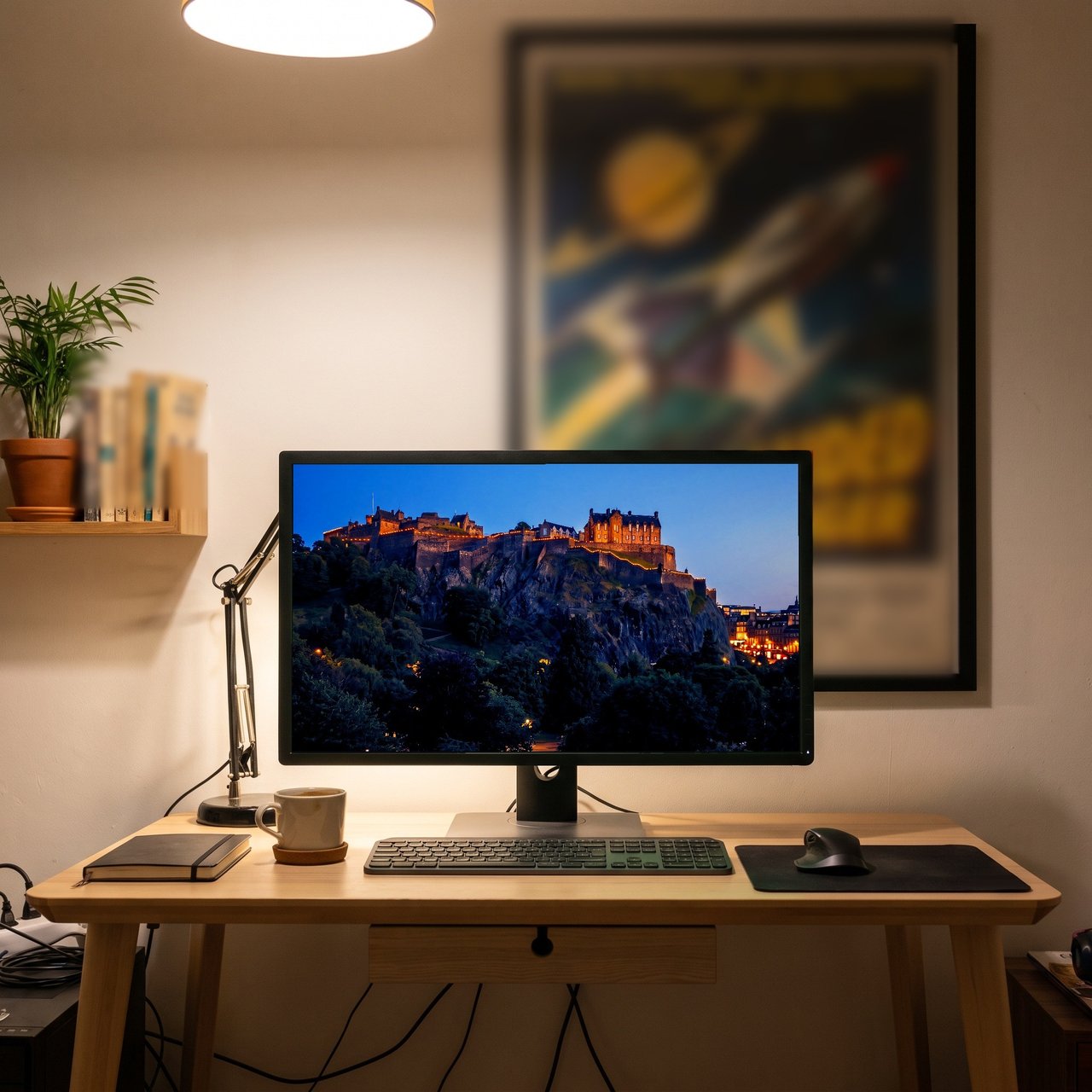 Edinburgh Castle at Blue Hour print: the digital wallpaper on a desktop screen