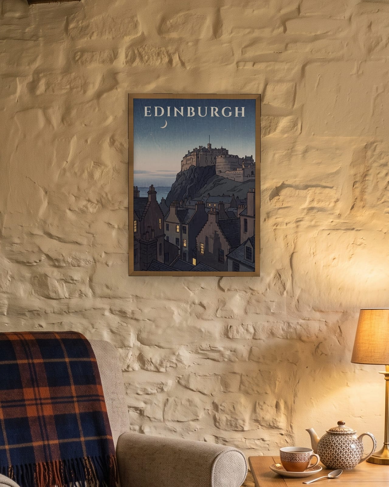 Edinburgh Castle at Dusk print, natural oak frame A3 in a cosy cottage snug