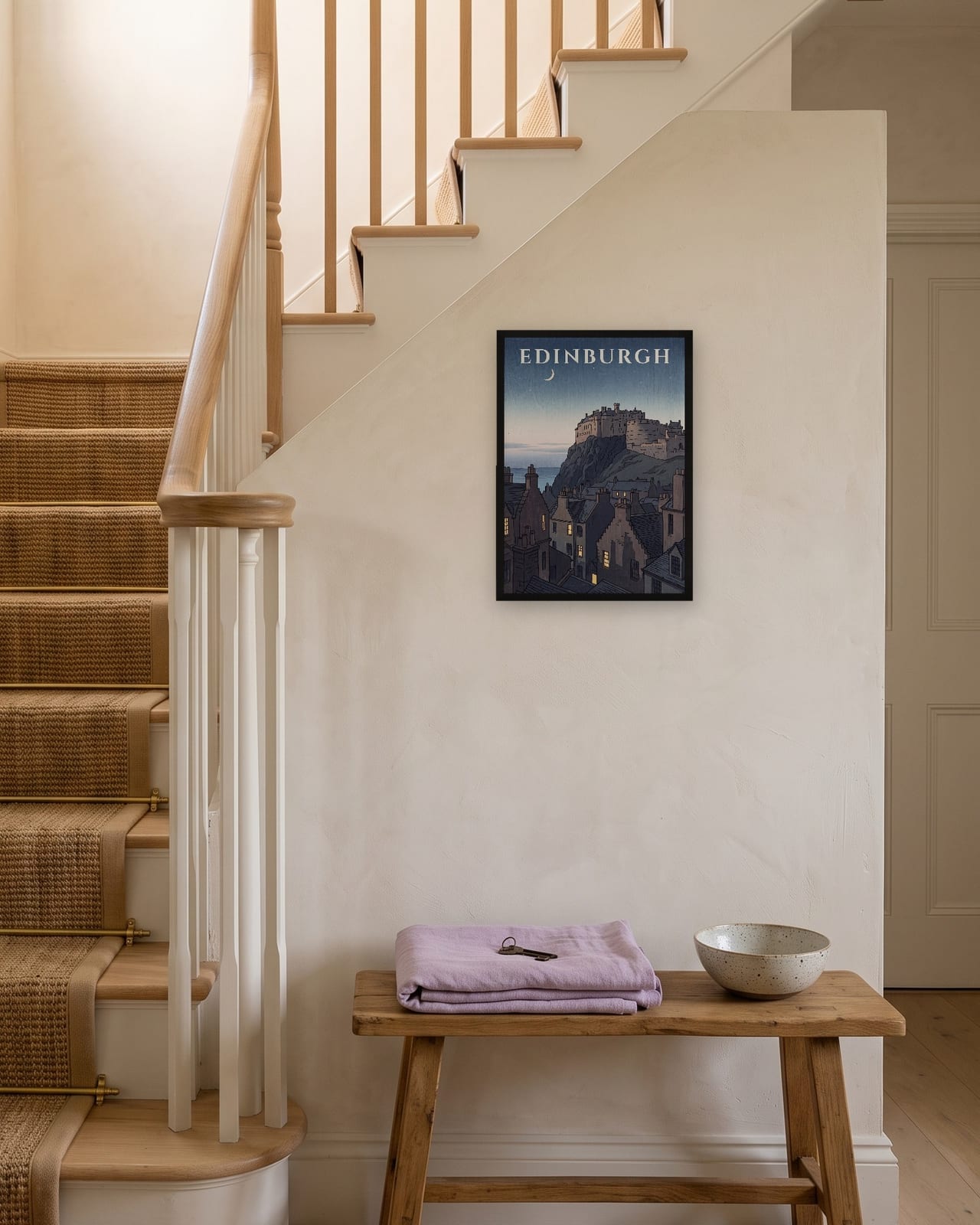 Edinburgh Castle at Dusk print, black frame A3 on a staircase wall