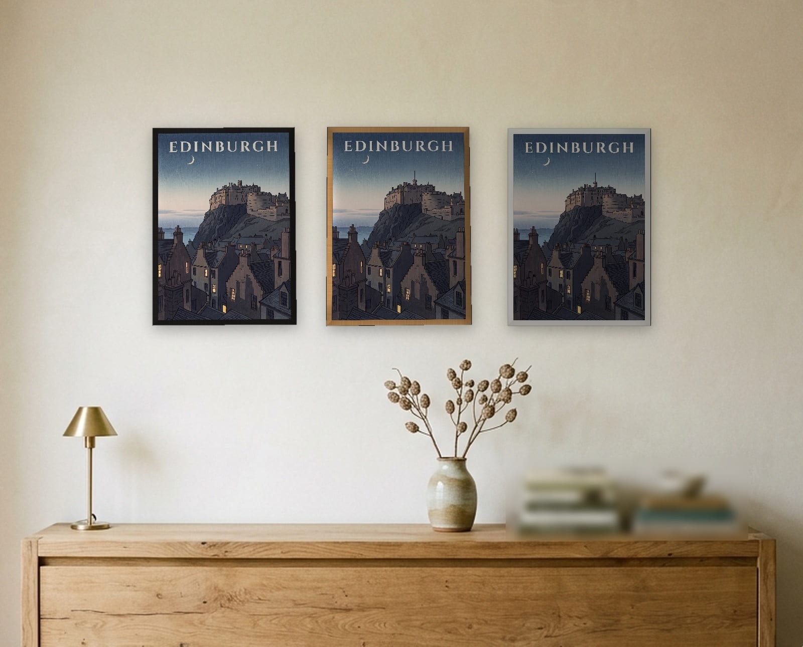 Edinburgh Castle at Dusk print: the three frame finishes side by side in black, natural oak and white