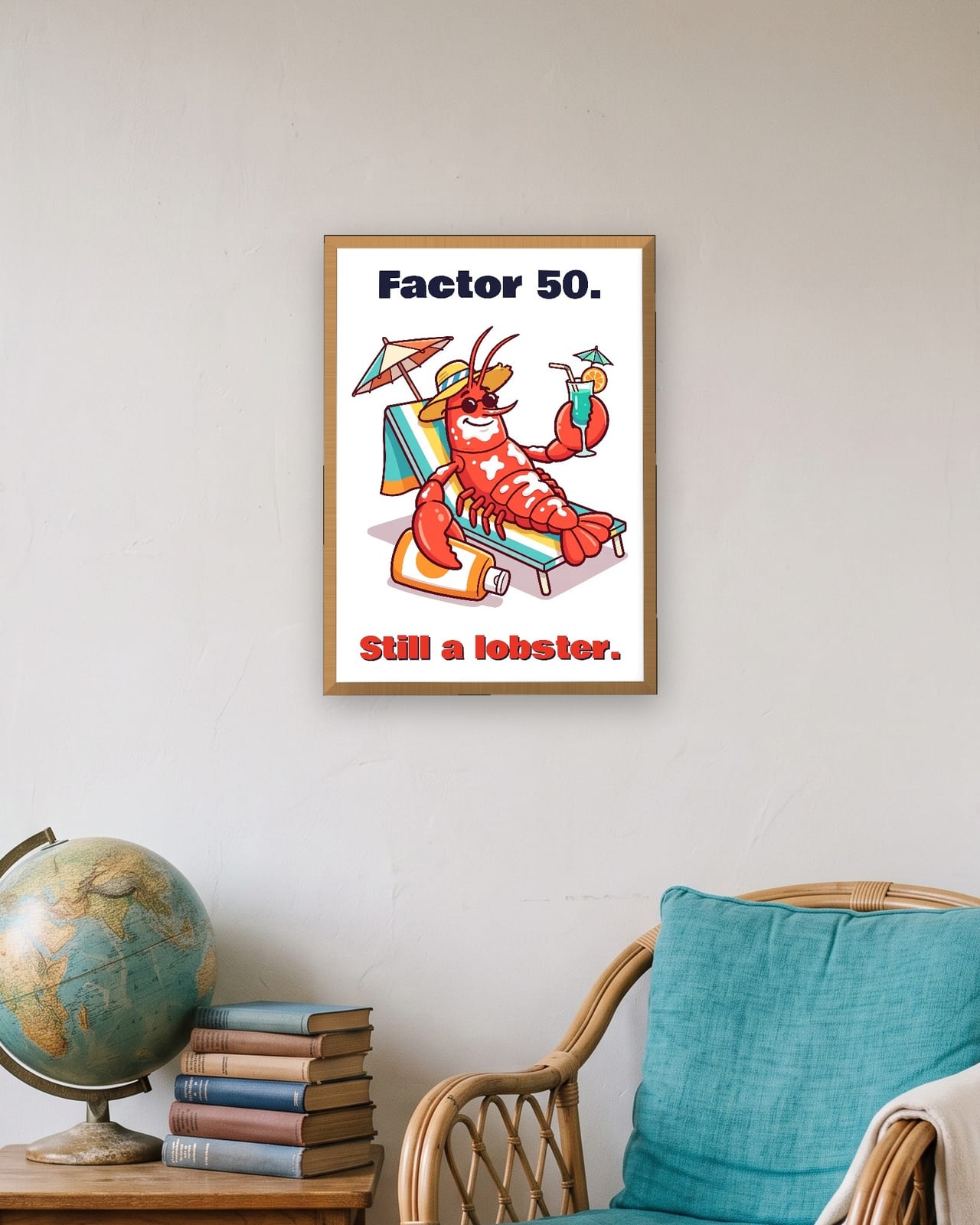 Factor 50 Still a Lobster print, oak frame A3 in a travel lover's flat
