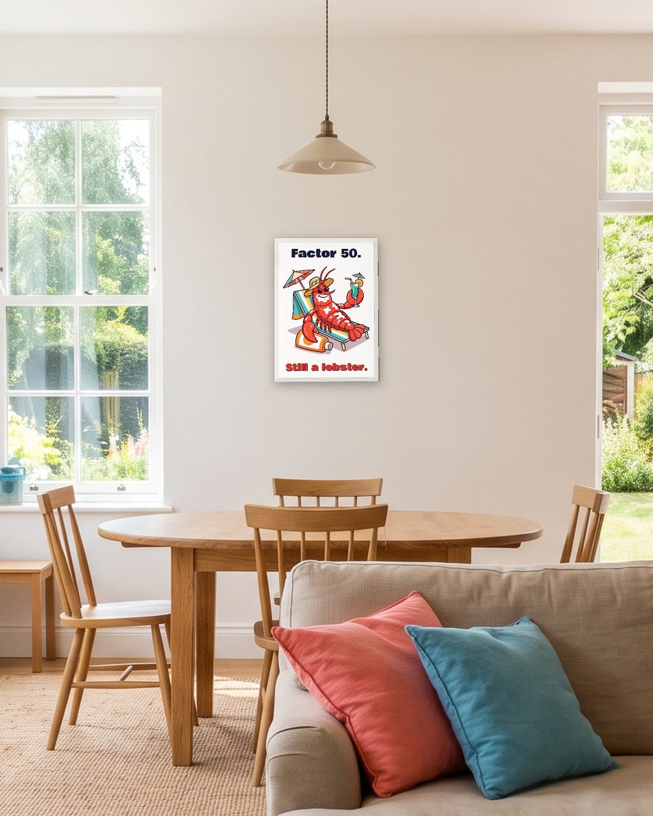 Factor 50 Still a Lobster print, white frame A3 across an open-plan living room
