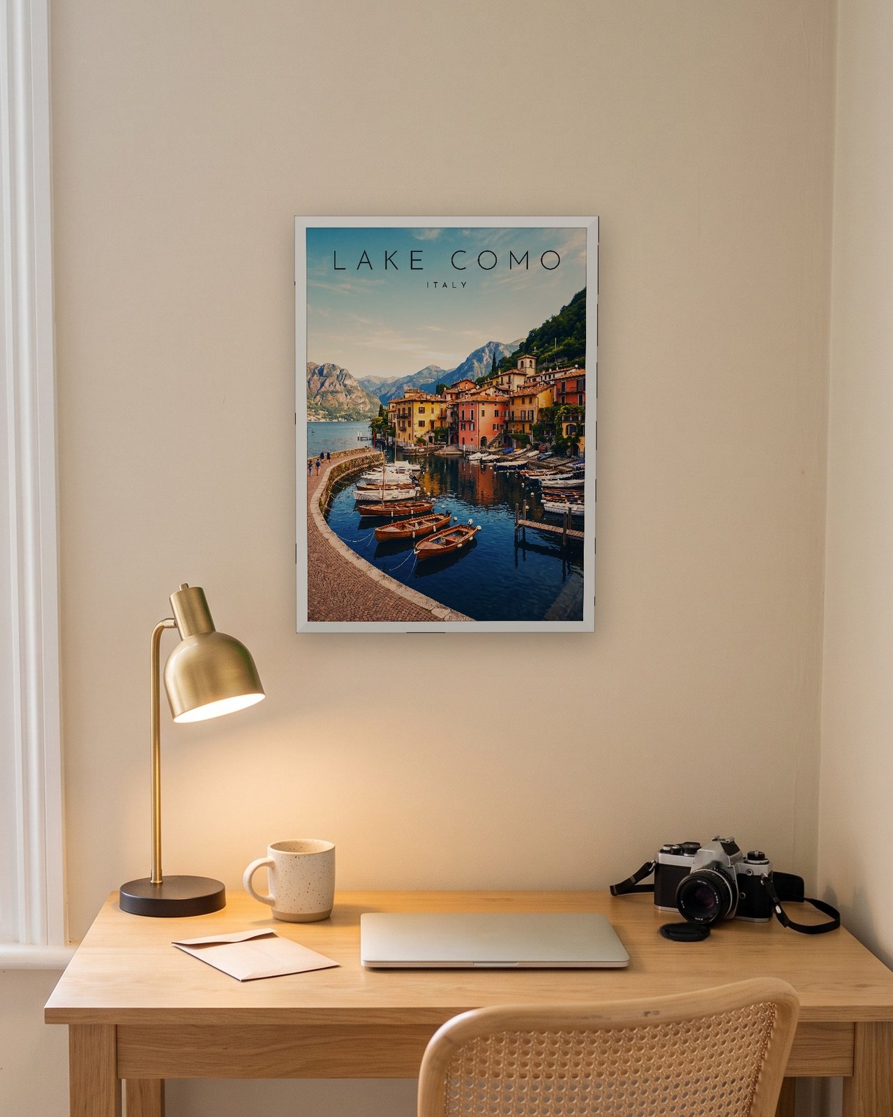 Lake Como, Varenna Harbour print, white frame A3 above a home office desk