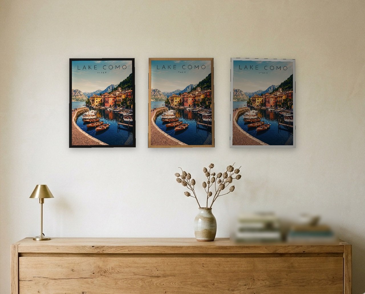Lake Como, Varenna Harbour print: the three frame finishes side by side black, natural oak and white