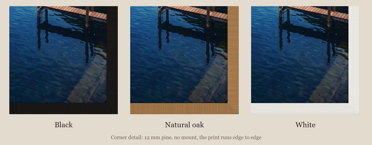 Lake Como, Varenna Harbour print: corner detail of each finish