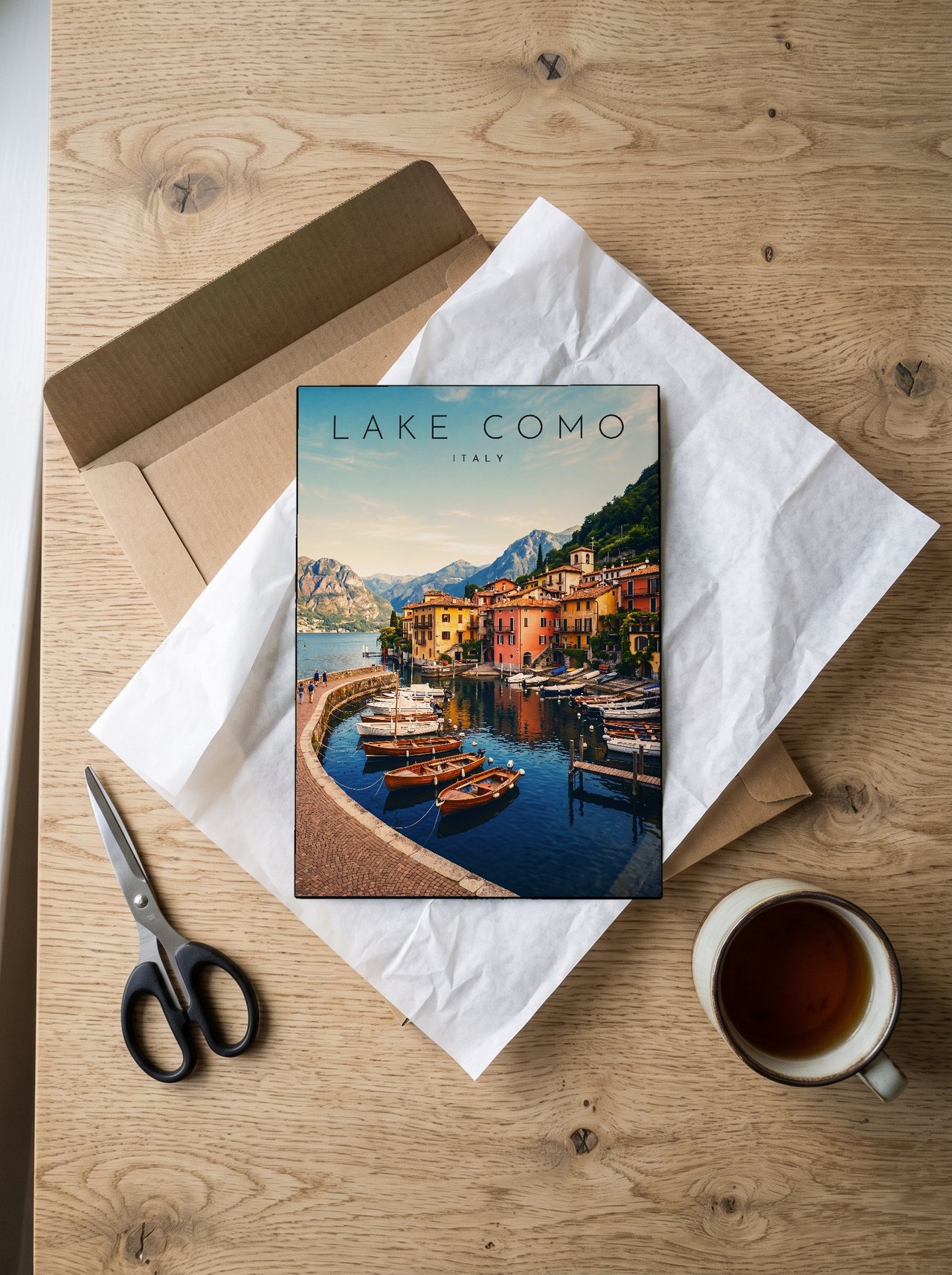 Lake Como, Varenna Harbour print: unboxing the unframed A4 print in its mailer