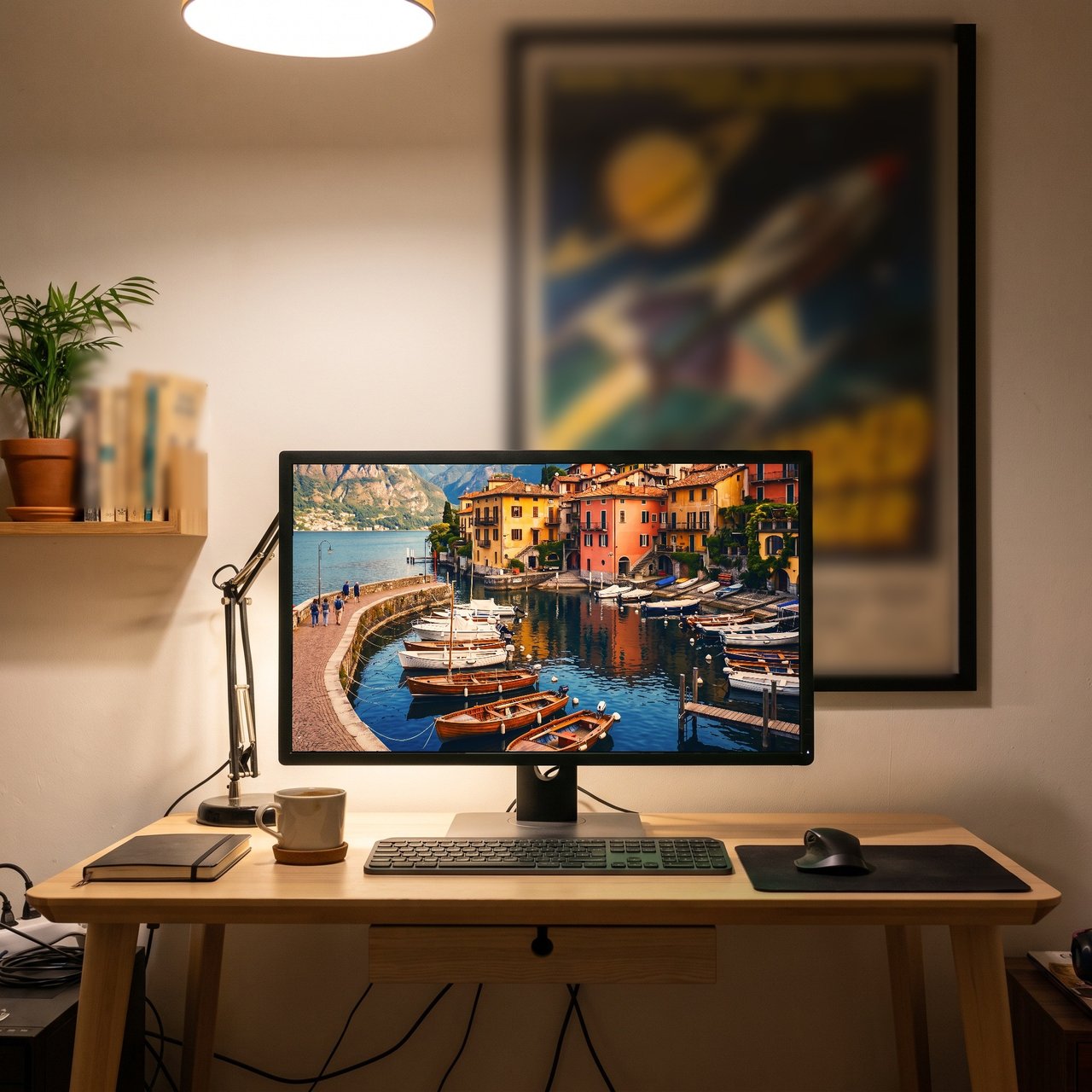 Lake Como, Varenna Harbour print: the digital wallpaper on a desktop screen