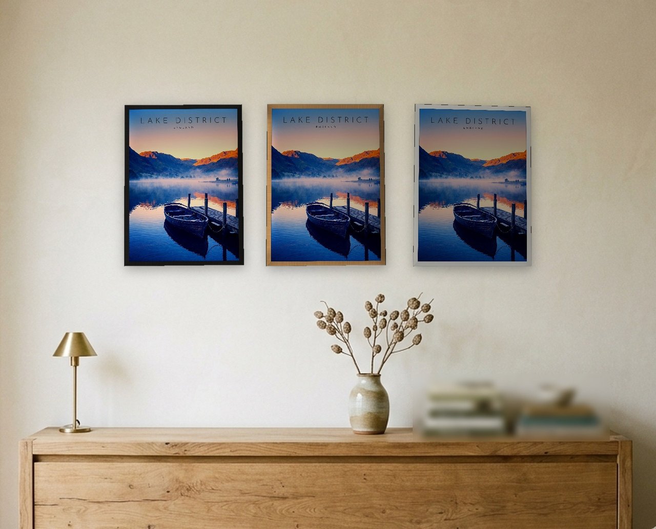 Derwentwater at Dawn print: the three frame finishes side by side black, natural oak and white