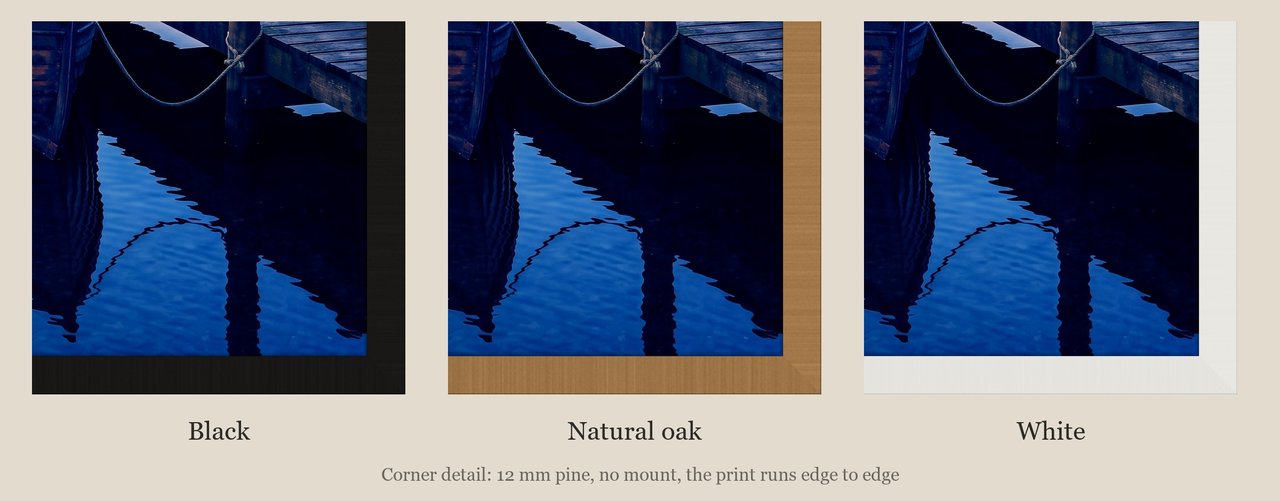 Derwentwater at Dawn print: corner detail of each finish