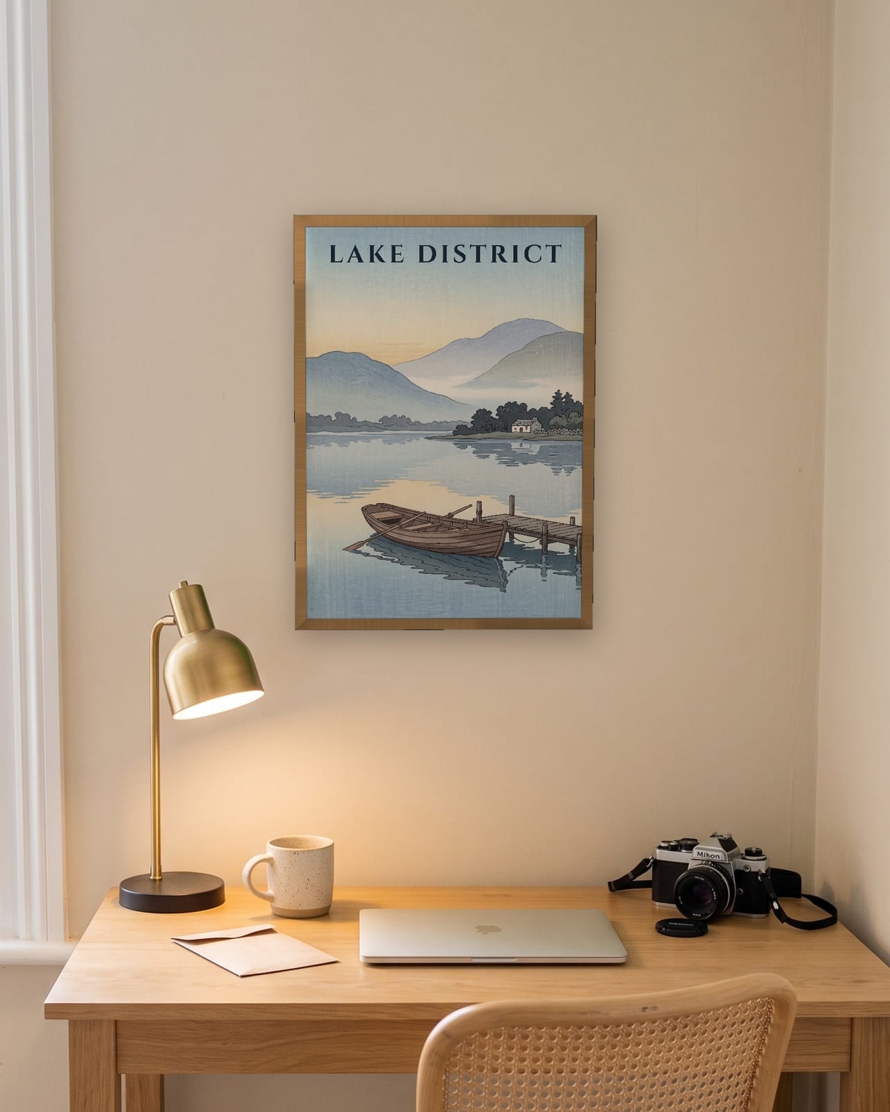 Lake District Rowing Boat print, natural oak frame A3 above a home office desk