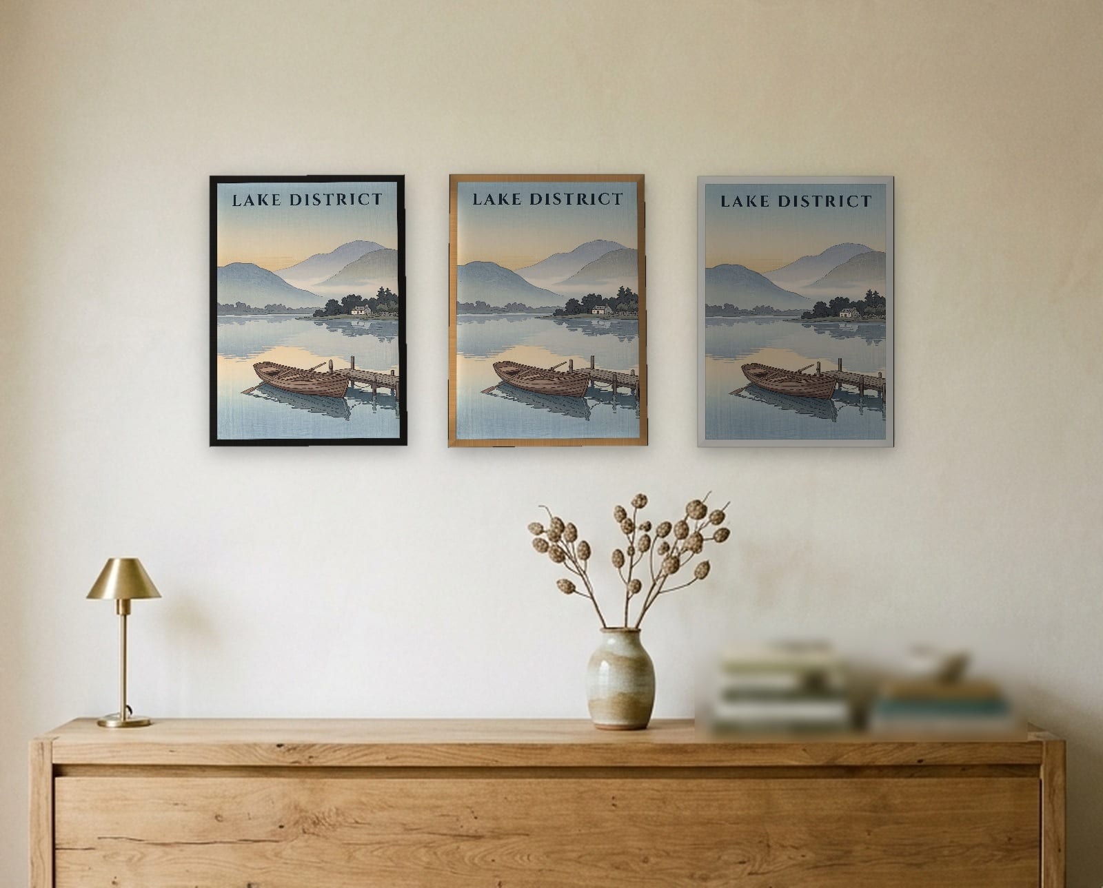 Lake District Rowing Boat print: the three frame finishes side by side in black, natural oak and white